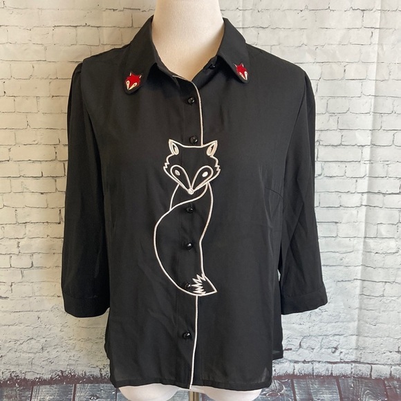 Modcloth/Royal Monk - Foxy As You Wanna Be Button-up Blouse XL Pin-up Goth Retro - Picture 3 of 16
